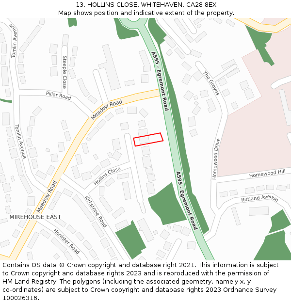 13, HOLLINS CLOSE, WHITEHAVEN, CA28 8EX: Location map and indicative extent of plot