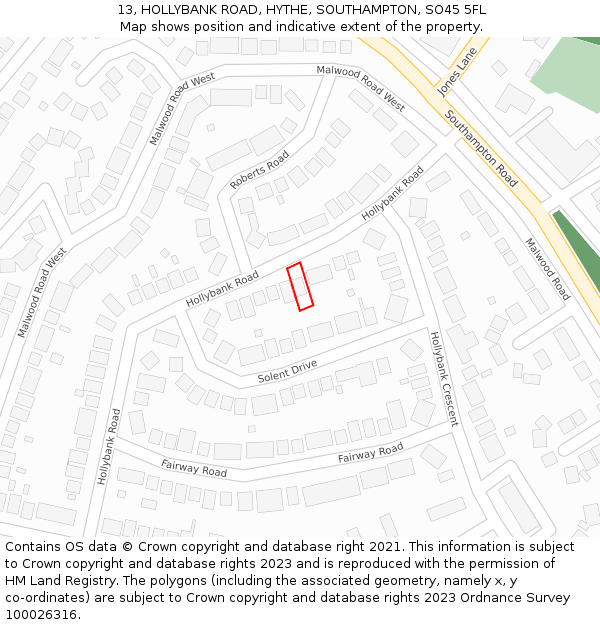 13, HOLLYBANK ROAD, HYTHE, SOUTHAMPTON, SO45 5FL: Location map and indicative extent of plot