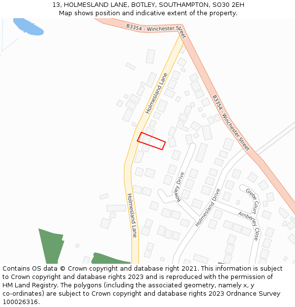 13, HOLMESLAND LANE, BOTLEY, SOUTHAMPTON, SO30 2EH: Location map and indicative extent of plot