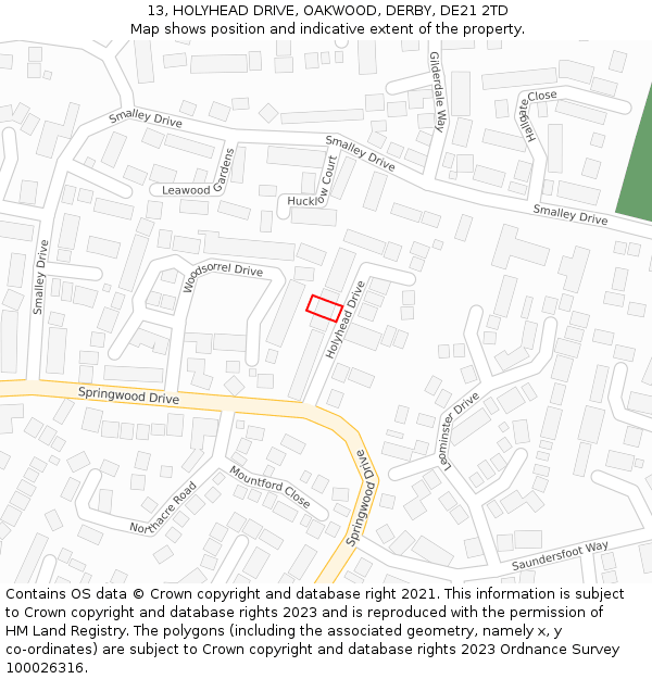 13, HOLYHEAD DRIVE, OAKWOOD, DERBY, DE21 2TD: Location map and indicative extent of plot
