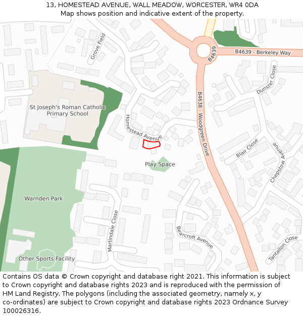 13, HOMESTEAD AVENUE, WALL MEADOW, WORCESTER, WR4 0DA: Location map and indicative extent of plot