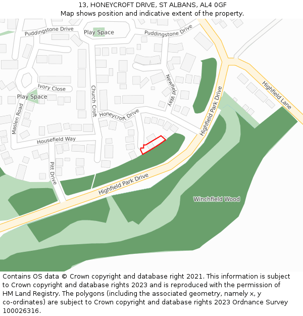 13, HONEYCROFT DRIVE, ST ALBANS, AL4 0GF: Location map and indicative extent of plot
