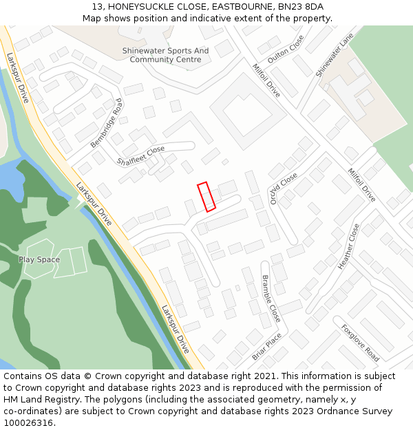 13, HONEYSUCKLE CLOSE, EASTBOURNE, BN23 8DA: Location map and indicative extent of plot