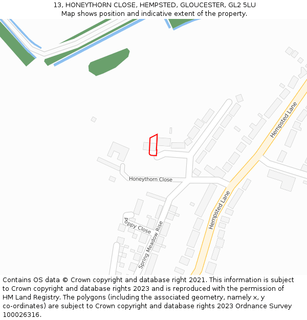 13, HONEYTHORN CLOSE, HEMPSTED, GLOUCESTER, GL2 5LU: Location map and indicative extent of plot