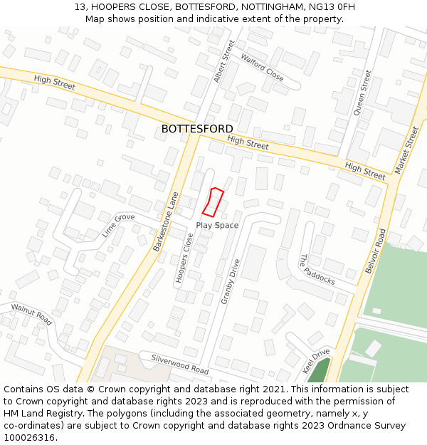 13, HOOPERS CLOSE, BOTTESFORD, NOTTINGHAM, NG13 0FH: Location map and indicative extent of plot