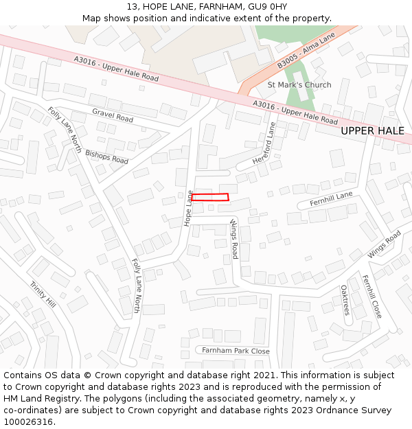 13, HOPE LANE, FARNHAM, GU9 0HY: Location map and indicative extent of plot