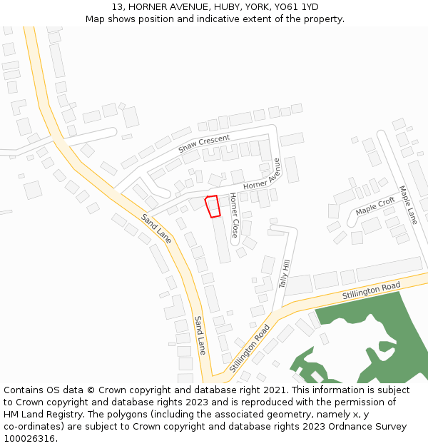 13, HORNER AVENUE, HUBY, YORK, YO61 1YD: Location map and indicative extent of plot