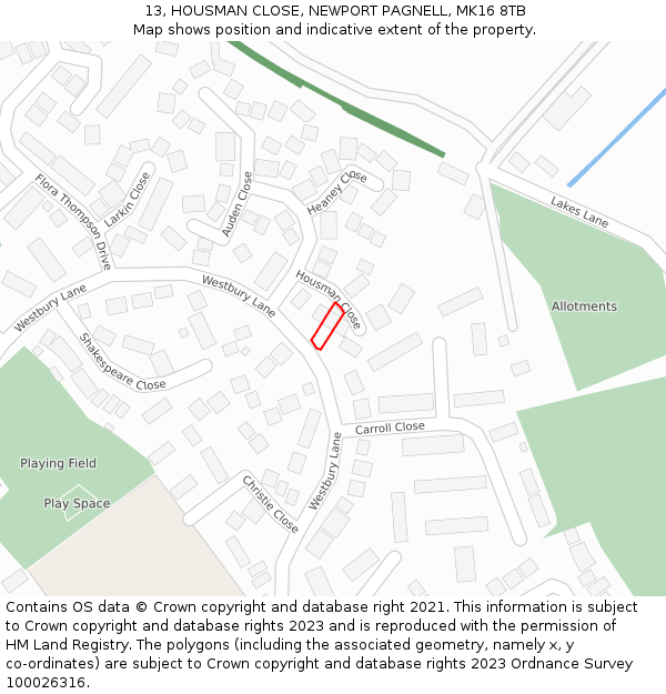 13, HOUSMAN CLOSE, NEWPORT PAGNELL, MK16 8TB: Location map and indicative extent of plot