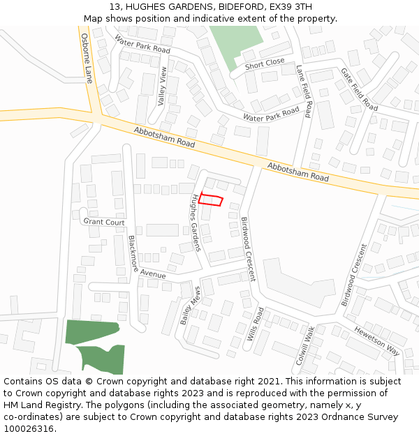 13, HUGHES GARDENS, BIDEFORD, EX39 3TH: Location map and indicative extent of plot