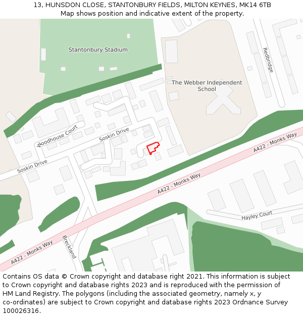 13, HUNSDON CLOSE, STANTONBURY FIELDS, MILTON KEYNES, MK14 6TB: Location map and indicative extent of plot