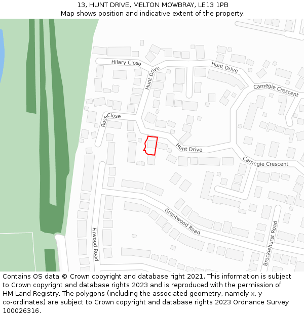 13, HUNT DRIVE, MELTON MOWBRAY, LE13 1PB: Location map and indicative extent of plot