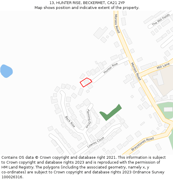 13, HUNTER RISE, BECKERMET, CA21 2YP: Location map and indicative extent of plot