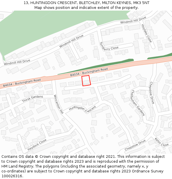 13, HUNTINGDON CRESCENT, BLETCHLEY, MILTON KEYNES, MK3 5NT: Location map and indicative extent of plot