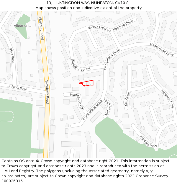 13, HUNTINGDON WAY, NUNEATON, CV10 8JL: Location map and indicative extent of plot