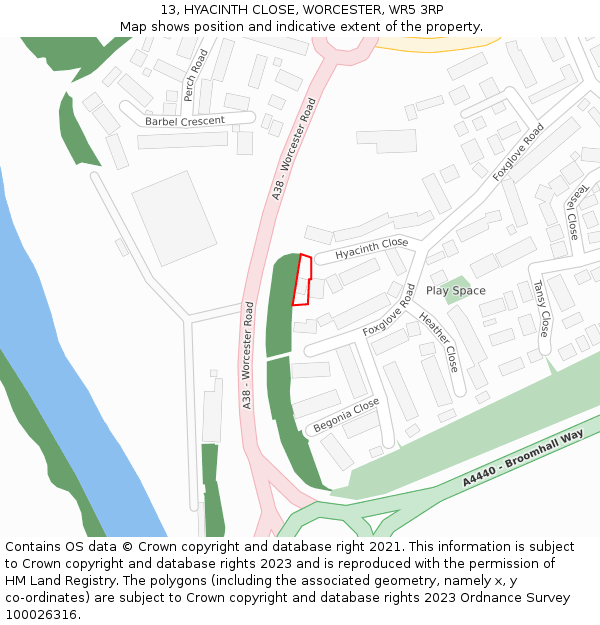 13, HYACINTH CLOSE, WORCESTER, WR5 3RP: Location map and indicative extent of plot