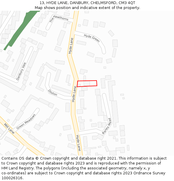 13, HYDE LANE, DANBURY, CHELMSFORD, CM3 4QT: Location map and indicative extent of plot