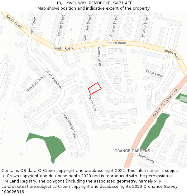 13, HYWEL WAY, PEMBROKE, SA71 4EF: Location map and indicative extent of plot