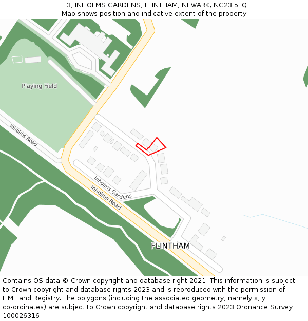 13, INHOLMS GARDENS, FLINTHAM, NEWARK, NG23 5LQ: Location map and indicative extent of plot
