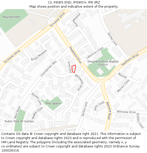 13, INNES END, IPSWICH, IP8 3RZ: Location map and indicative extent of plot