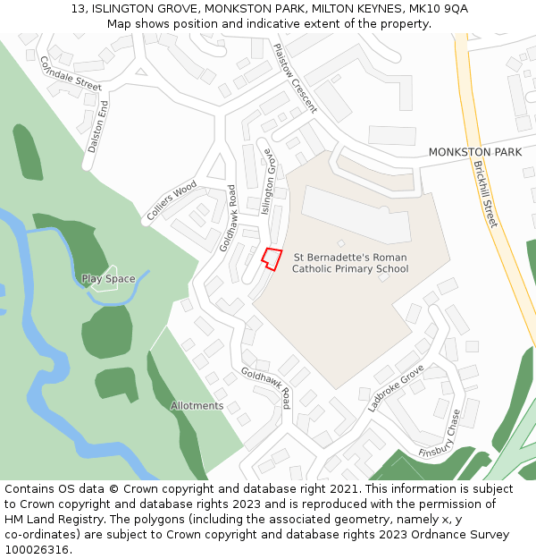 13, ISLINGTON GROVE, MONKSTON PARK, MILTON KEYNES, MK10 9QA: Location map and indicative extent of plot