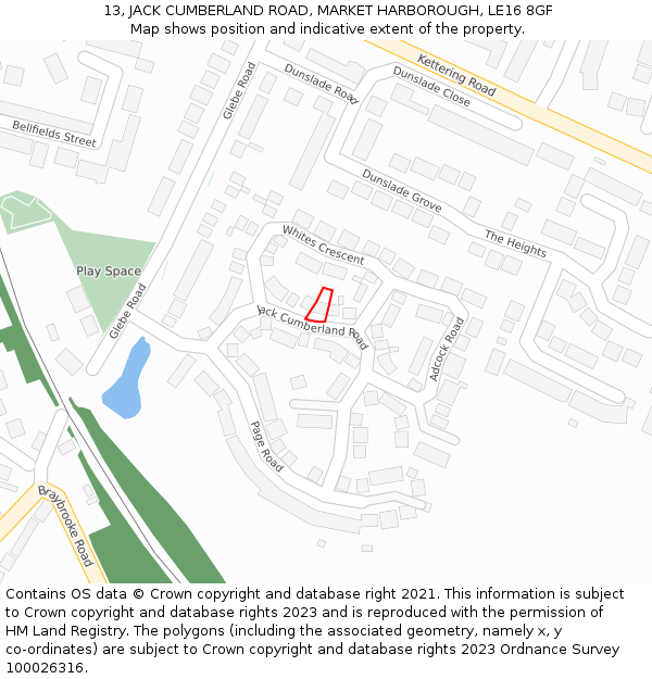 13, JACK CUMBERLAND ROAD, MARKET HARBOROUGH, LE16 8GF: Location map and indicative extent of plot