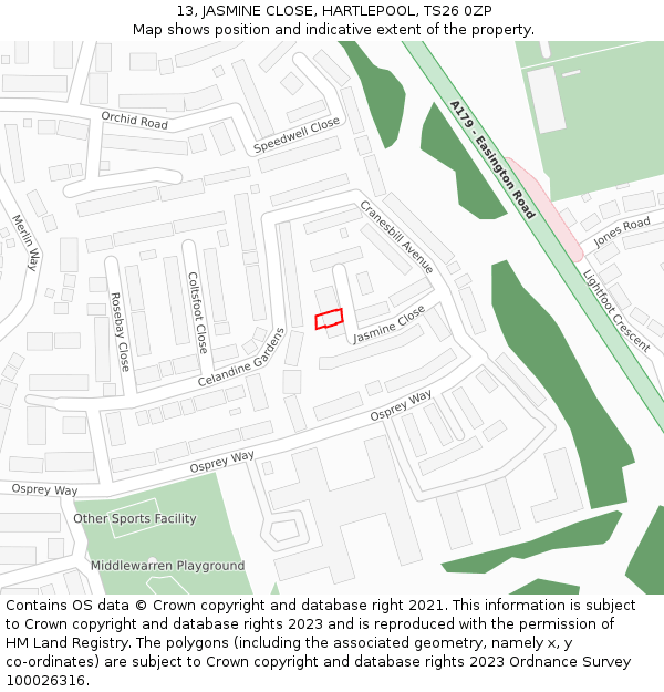 13, JASMINE CLOSE, HARTLEPOOL, TS26 0ZP: Location map and indicative extent of plot