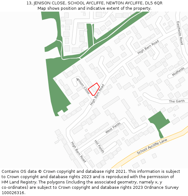 13, JENISON CLOSE, SCHOOL AYCLIFFE, NEWTON AYCLIFFE, DL5 6QR: Location map and indicative extent of plot