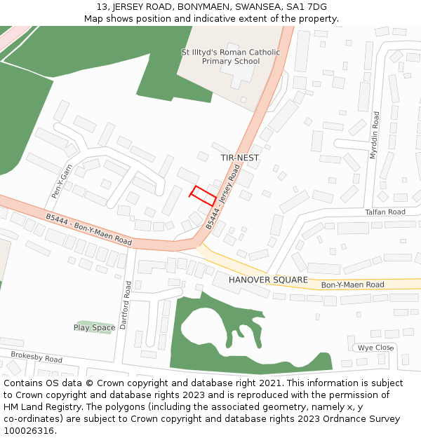 13, JERSEY ROAD, BONYMAEN, SWANSEA, SA1 7DG: Location map and indicative extent of plot