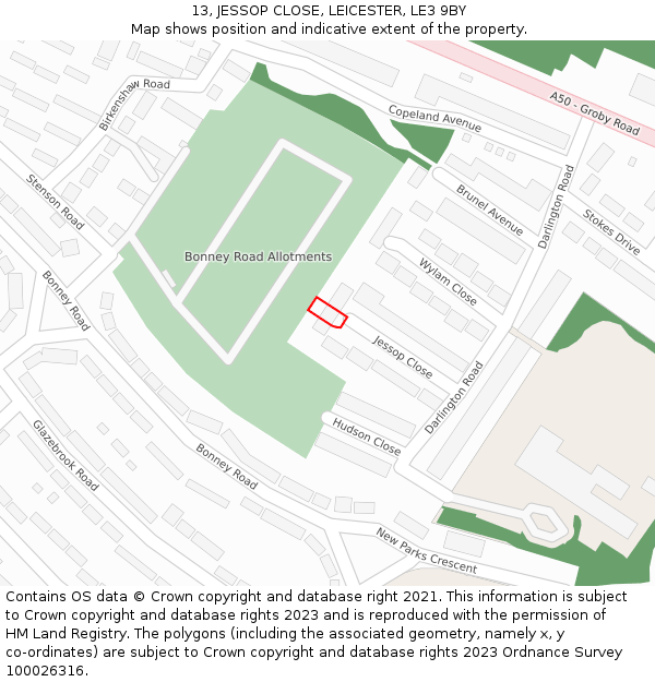 13, JESSOP CLOSE, LEICESTER, LE3 9BY: Location map and indicative extent of plot