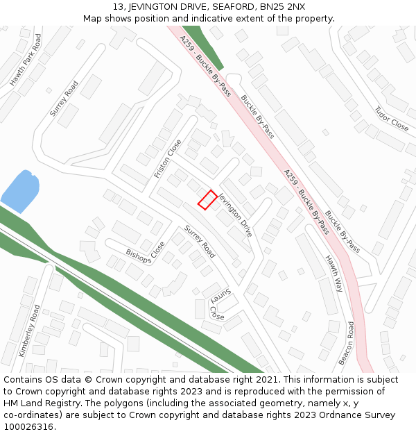 13, JEVINGTON DRIVE, SEAFORD, BN25 2NX: Location map and indicative extent of plot