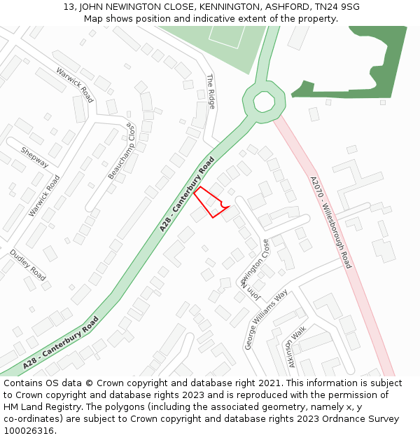 13, JOHN NEWINGTON CLOSE, KENNINGTON, ASHFORD, TN24 9SG: Location map and indicative extent of plot