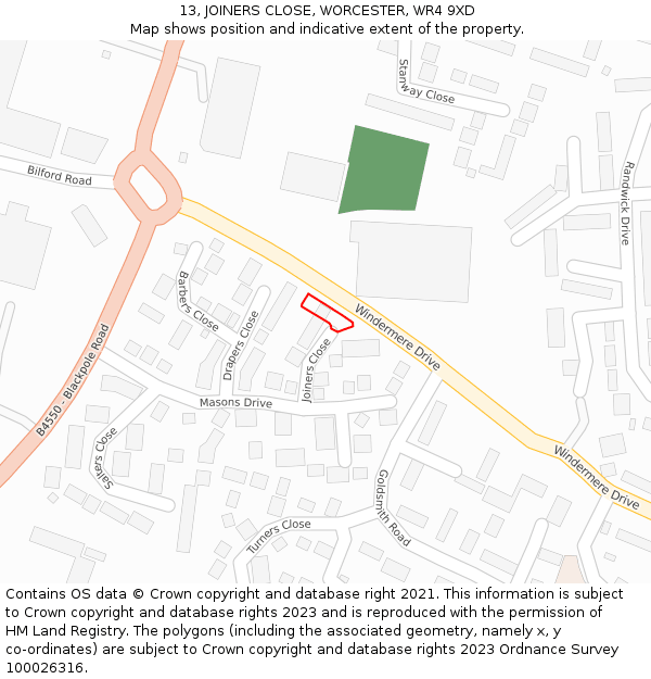 13, JOINERS CLOSE, WORCESTER, WR4 9XD: Location map and indicative extent of plot