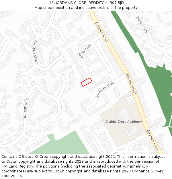 13, JORDANS CLOSE, REDDITCH, B97 5JD: Location map and indicative extent of plot