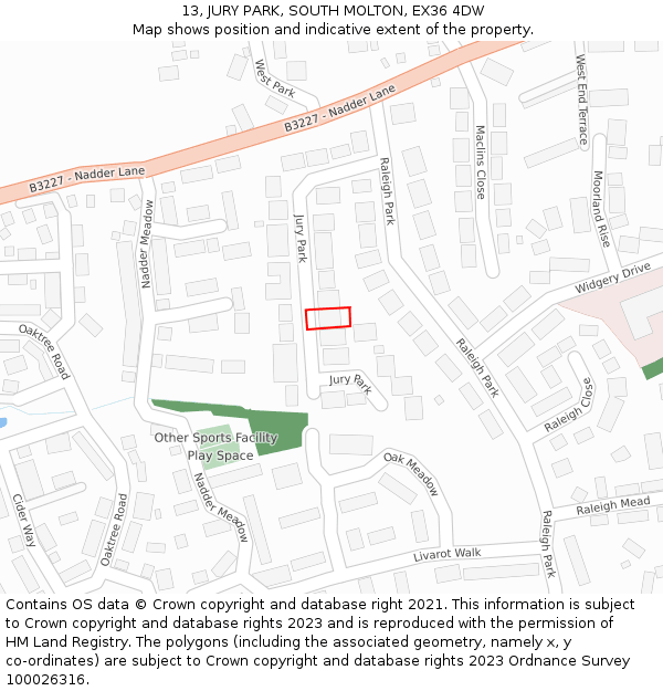 13, JURY PARK, SOUTH MOLTON, EX36 4DW: Location map and indicative extent of plot