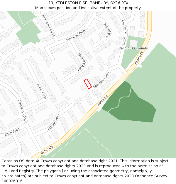 13, KEDLESTON RISE, BANBURY, OX16 9TX: Location map and indicative extent of plot