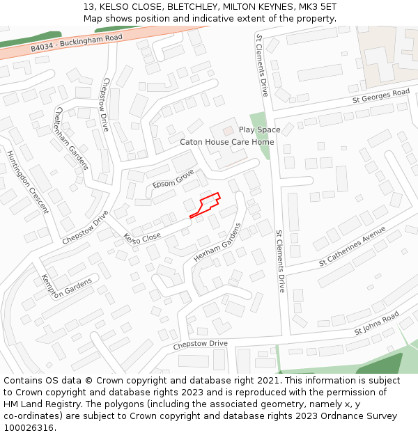 13, KELSO CLOSE, BLETCHLEY, MILTON KEYNES, MK3 5ET: Location map and indicative extent of plot