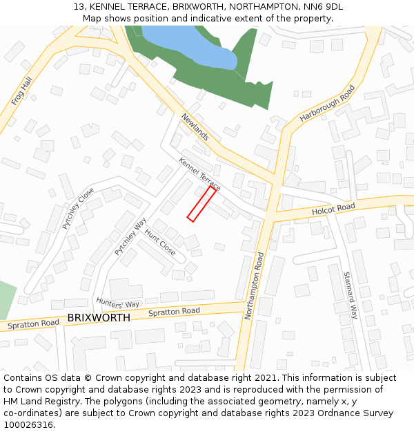 13, KENNEL TERRACE, BRIXWORTH, NORTHAMPTON, NN6 9DL: Location map and indicative extent of plot