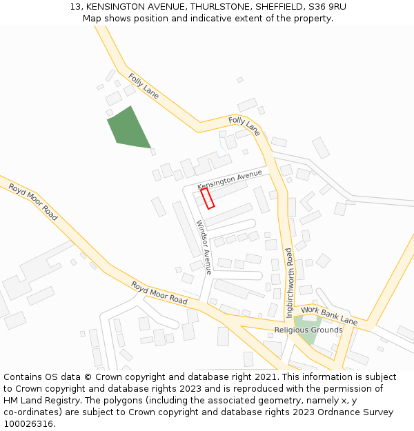 13, KENSINGTON AVENUE, THURLSTONE, SHEFFIELD, S36 9RU: Location map and indicative extent of plot