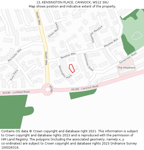 13, KENSINGTON PLACE, CANNOCK, WS12 3XU: Location map and indicative extent of plot