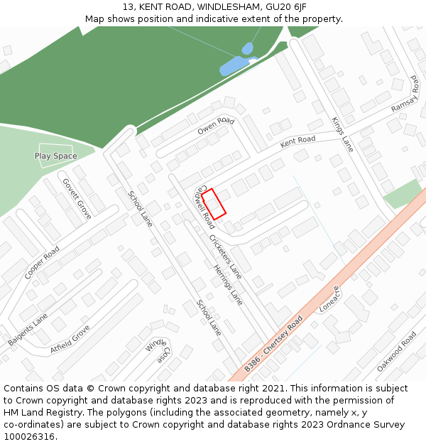 13, KENT ROAD, WINDLESHAM, GU20 6JF: Location map and indicative extent of plot