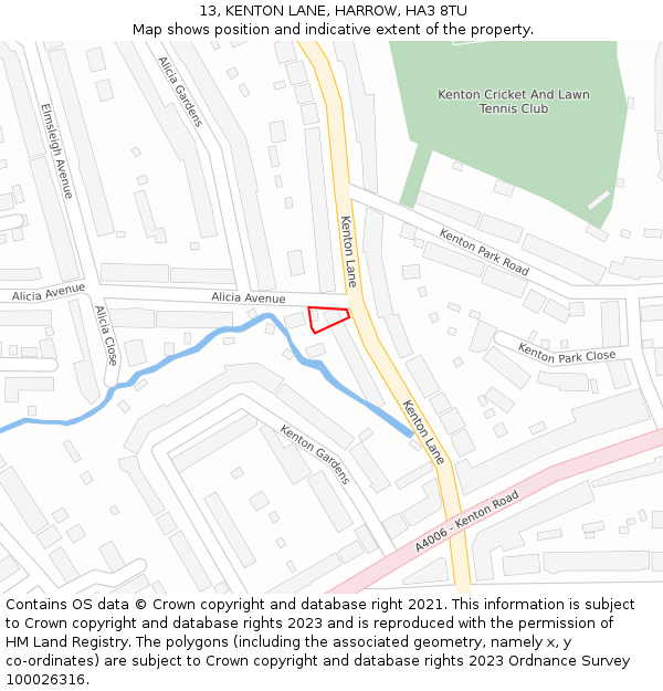 13, KENTON LANE, HARROW, HA3 8TU: Location map and indicative extent of plot