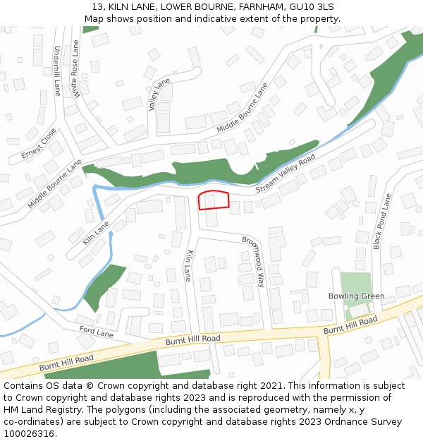 13, KILN LANE, LOWER BOURNE, FARNHAM, GU10 3LS: Location map and indicative extent of plot