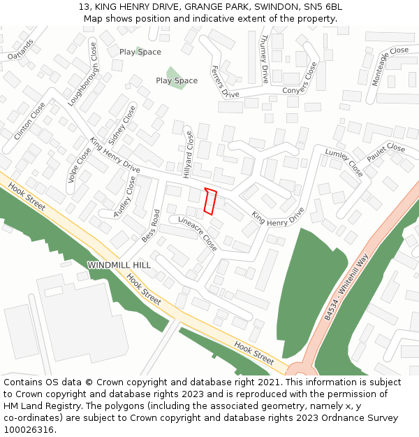 13, KING HENRY DRIVE, GRANGE PARK, SWINDON, SN5 6BL: Location map and indicative extent of plot