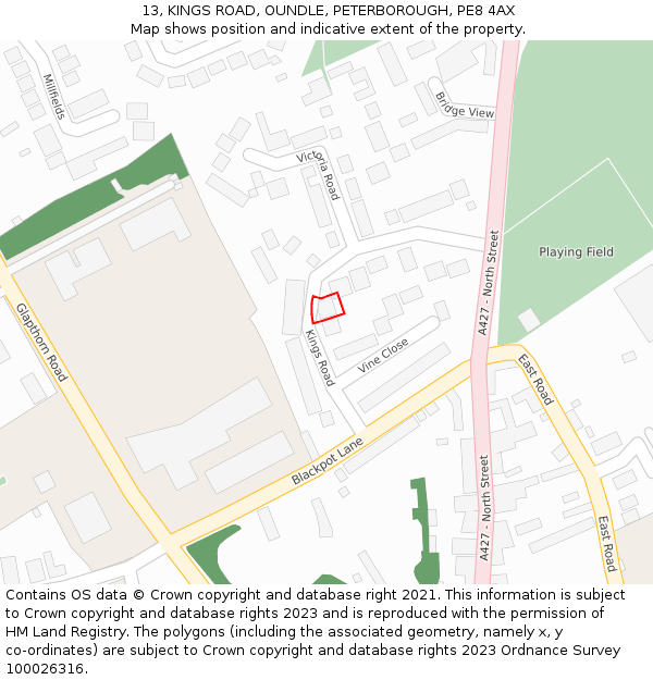 13, KINGS ROAD, OUNDLE, PETERBOROUGH, PE8 4AX: Location map and indicative extent of plot