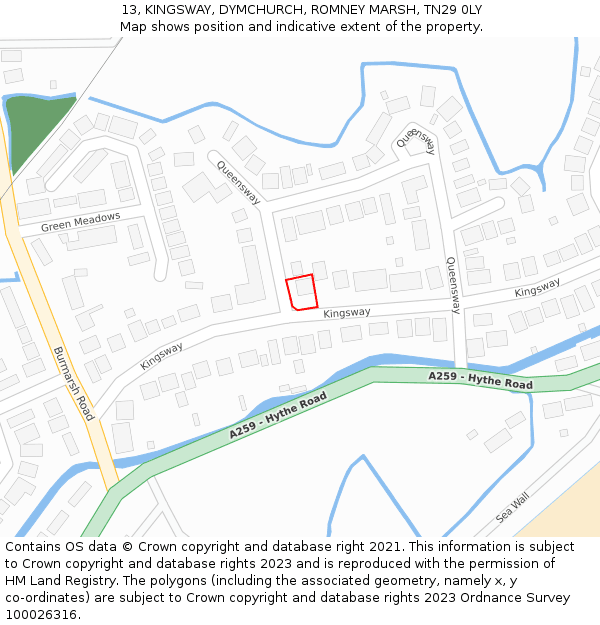 13, KINGSWAY, DYMCHURCH, ROMNEY MARSH, TN29 0LY: Location map and indicative extent of plot