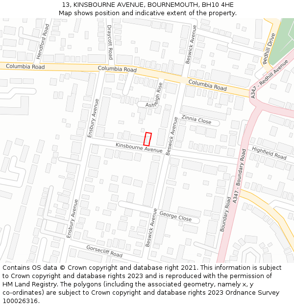 13, KINSBOURNE AVENUE, BOURNEMOUTH, BH10 4HE: Location map and indicative extent of plot