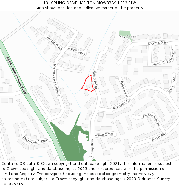13, KIPLING DRIVE, MELTON MOWBRAY, LE13 1LW: Location map and indicative extent of plot