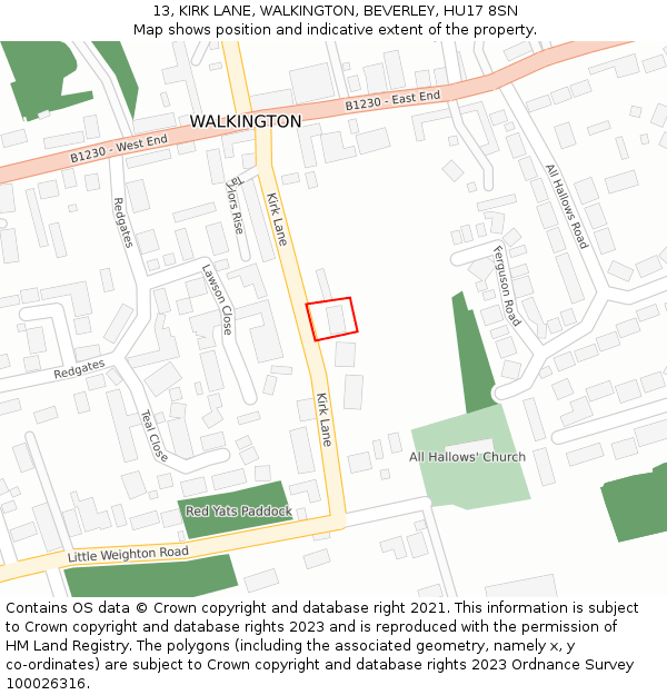 13, KIRK LANE, WALKINGTON, BEVERLEY, HU17 8SN: Location map and indicative extent of plot