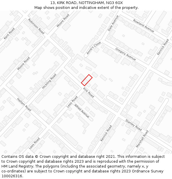 13, KIRK ROAD, NOTTINGHAM, NG3 6GX: Location map and indicative extent of plot