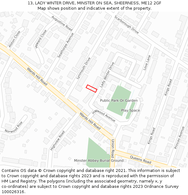 13, LADY WINTER DRIVE, MINSTER ON SEA, SHEERNESS, ME12 2GF: Location map and indicative extent of plot